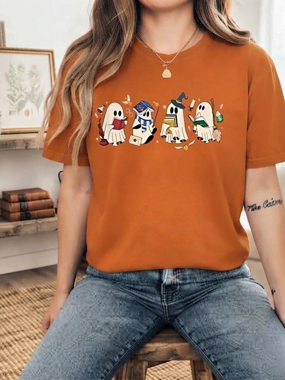 Fall Ghost Bookworm Reading Magic School Halloween Comfort Color T-Shirt